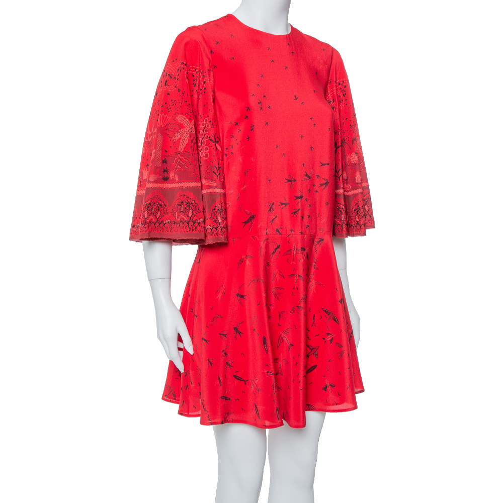 

Valentino Red Bird Printed Silk Bell Sleeve Detail Flared Dress