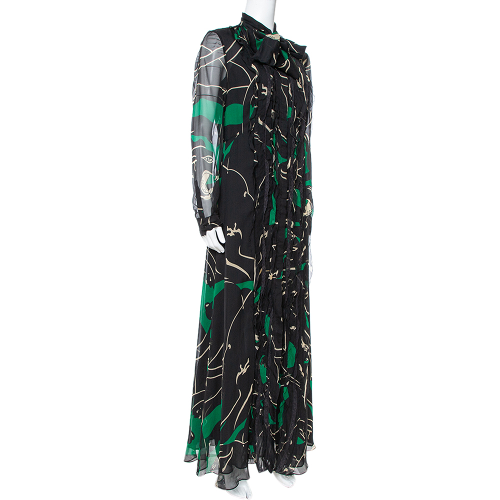 

Valentino Black & Green Panther Printed Silk Crepe Tie Collar Detail Maxi Dress