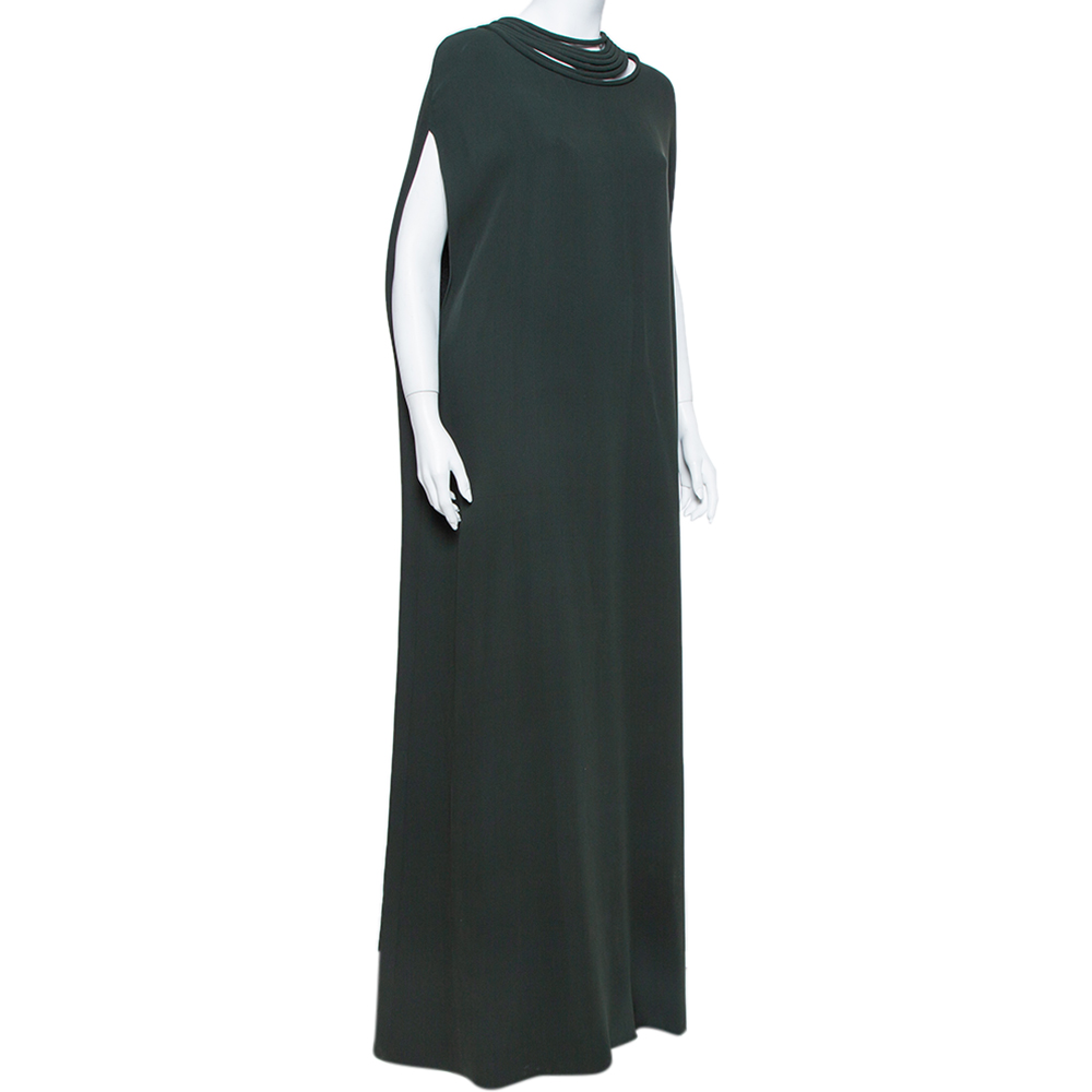 

Valentino Dark Green Crepe Corded Neckline Caped Maxi Dress