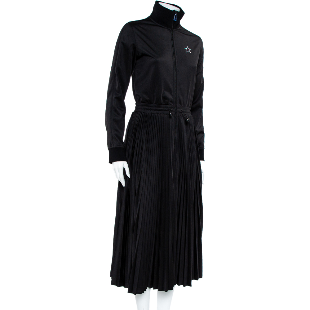 

Valentino Black Logo Printed Jersey Zipper Front Pleated Maxi Dress