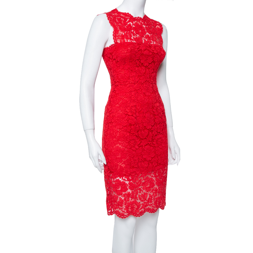 

Valentino Red Floral Lace Sleeveless Sheath Dress