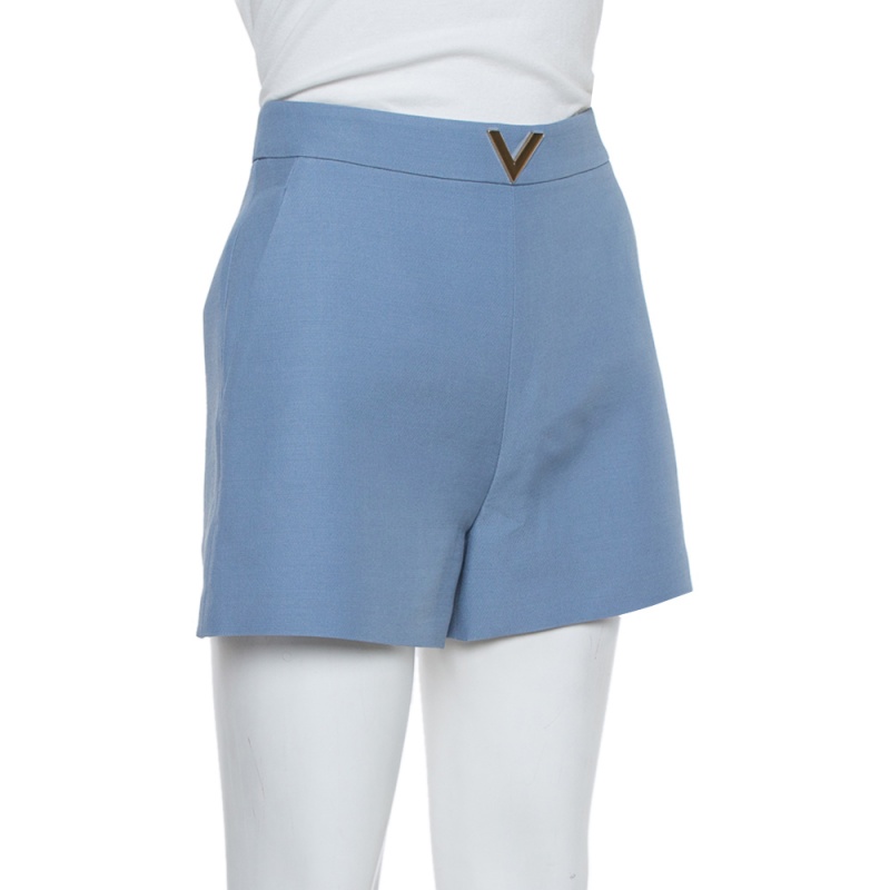 

Valentino Powder Blue Wool Twill VGOLD High Waist Shorts