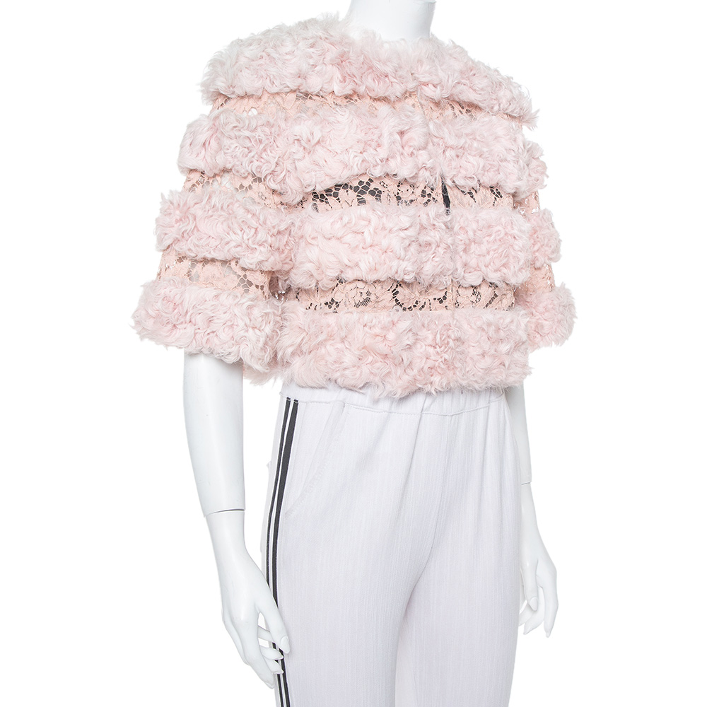 

Valentino Light Pink Fur & Lace Roundneck Cropped Jacket