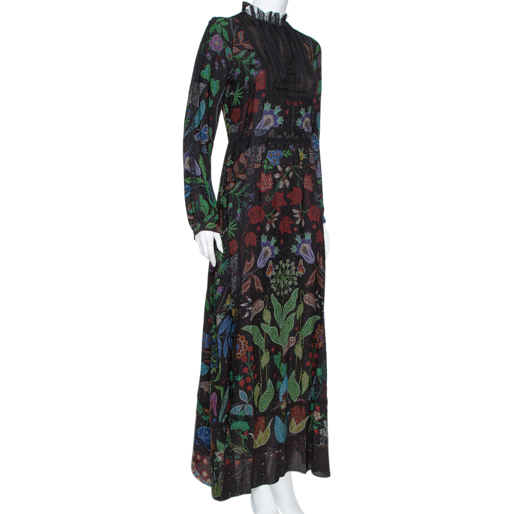 

Valentino Black Watersong Printed Silk & Lace Trim Maxi Dress