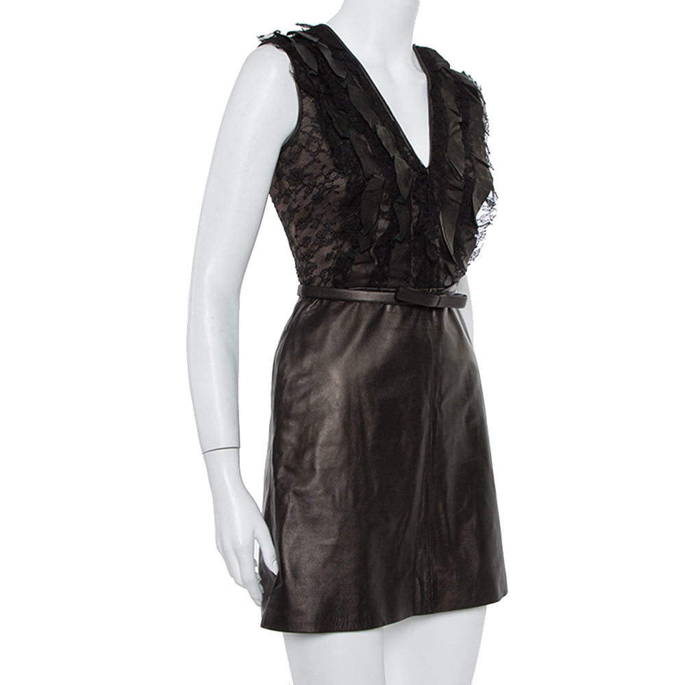 

Valentino Brown Leather & Lace Ruffle Detail Belted Short Dress