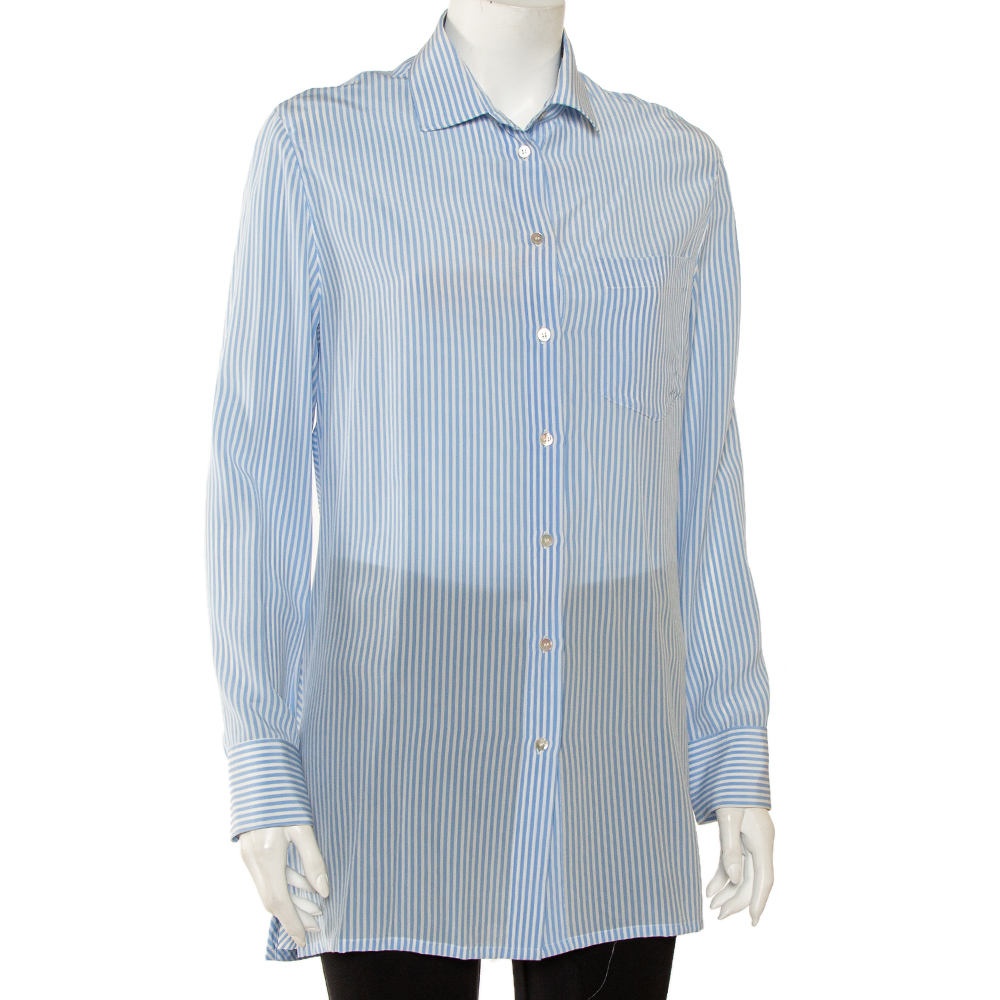 

Valentino Blue Striped Silk Scoop Back Detail Button Front Shirt