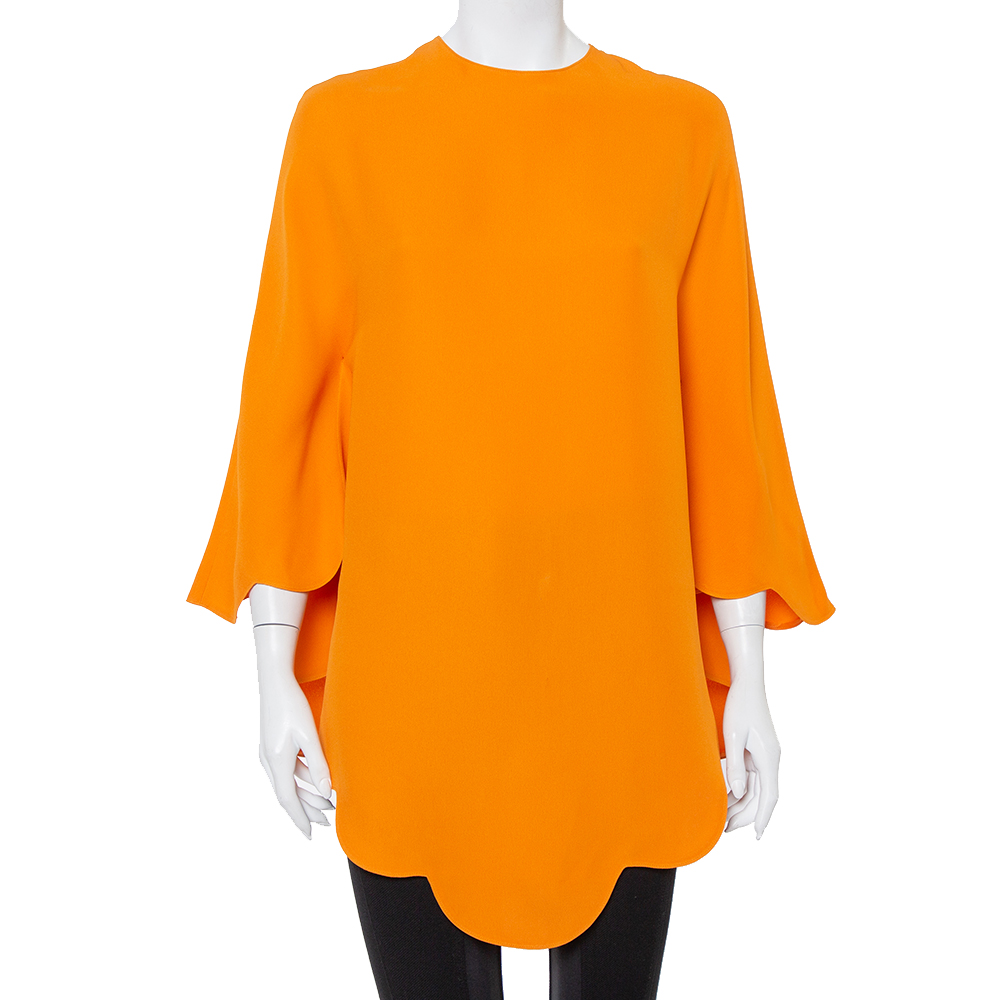 Pre-owned Valentino Orange Silk Scalloped Edge Cady Poncho S