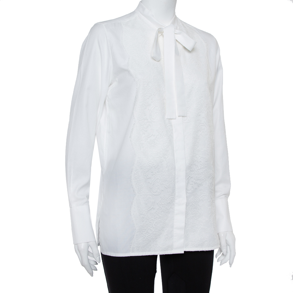 

Valentino White Cotton Neck Tie Detail Lace Front Shirt