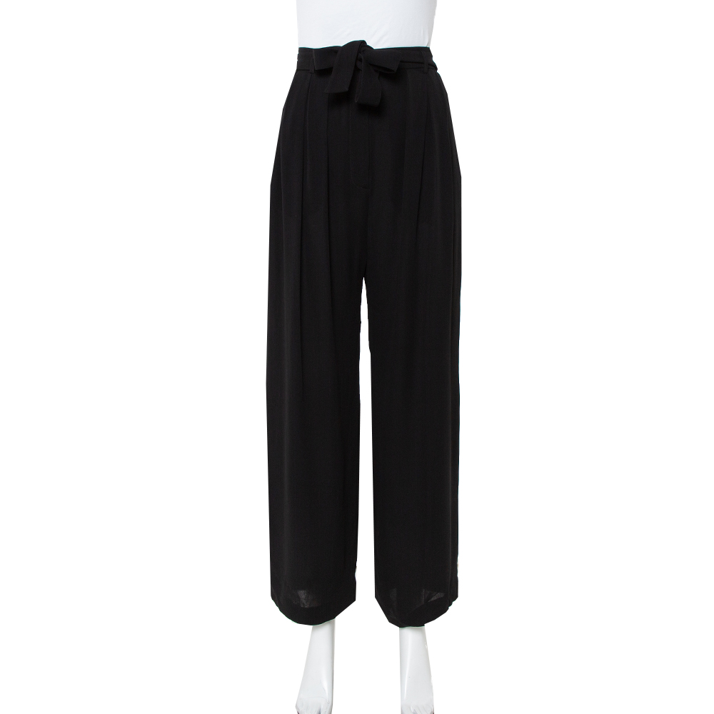 Pre-owned Valentino Black Silk Waist Tie Detail Belted Straight Leg Trousers M