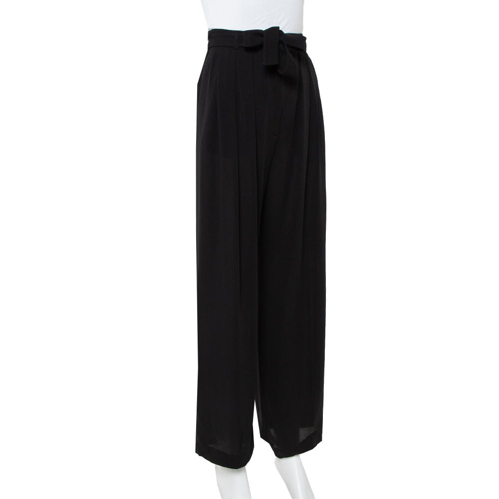 

Valentino Black Silk Waist Tie Detail Belted Straight Leg Trousers