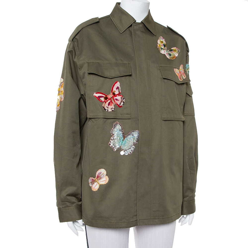 

Valentino Green Canvas Sequined Butterfly Applique Cargo Pocket Detail Jacket