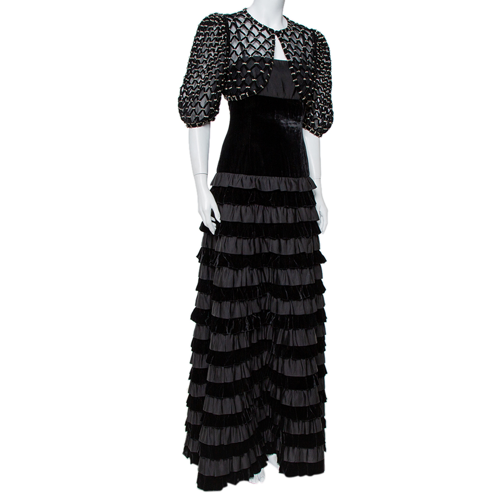 

Valentino Black Velvet & Satin Embellished Cape Detail Ruffled Sleeveless Gown
