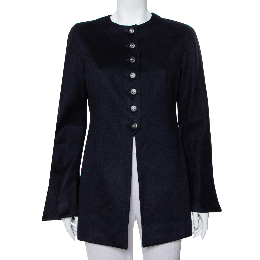 Pre-owned Valentino Boutique Midnight Blue Cashmere Button Front Collarless Vintage Jacket L In Navy Blue