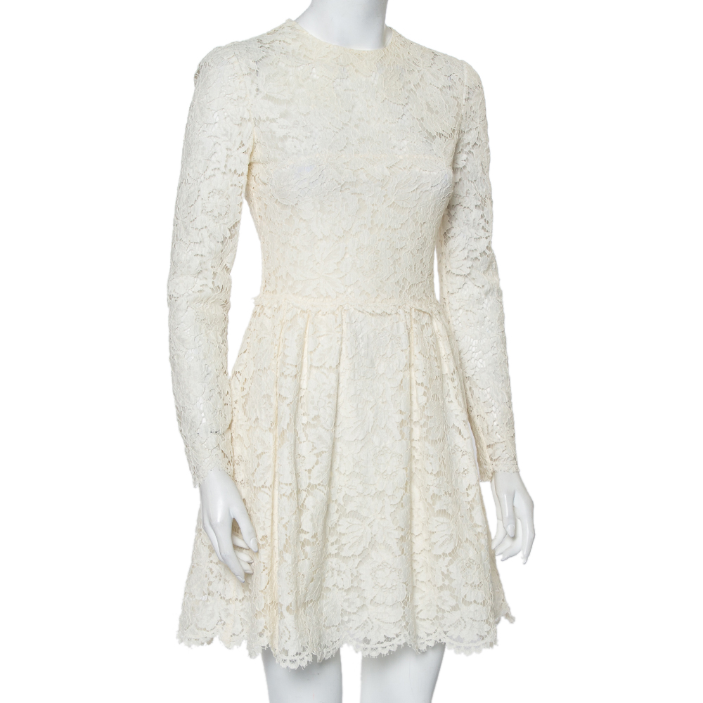 

Valentino Off-White Lace Long Sleeve Mini Dress, Cream