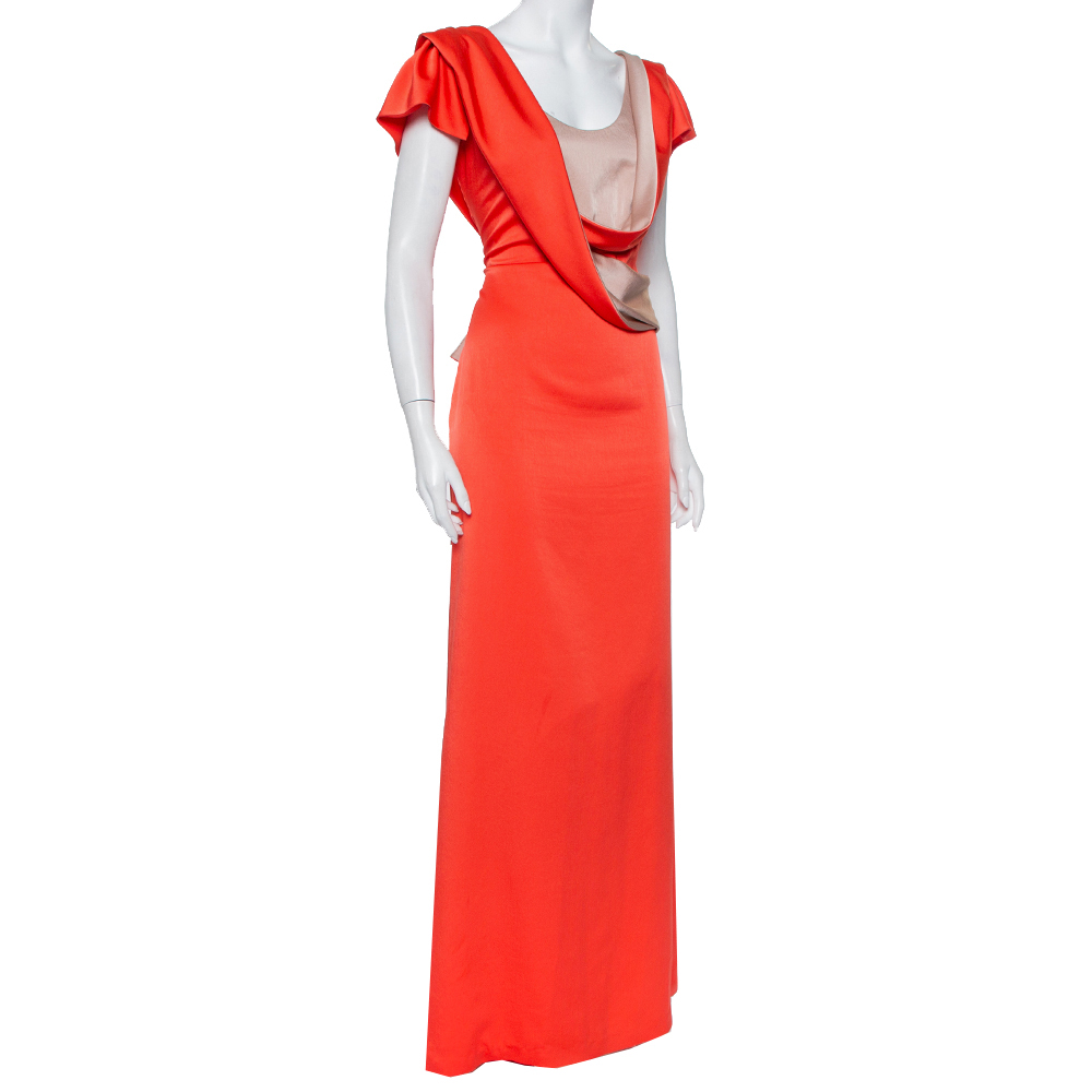 

Valentino Orange Satin Draped Neck Detail Maxi Dress