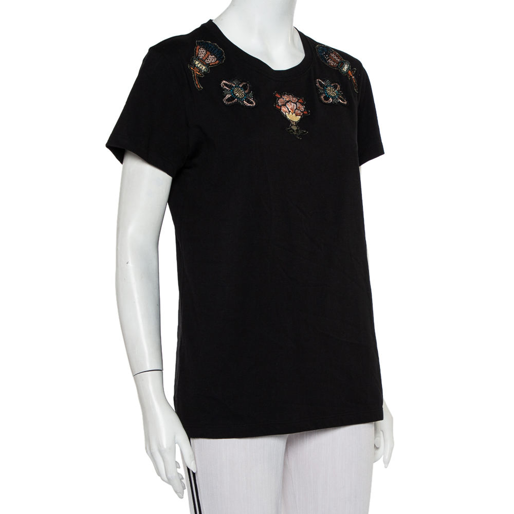 

Valentino Black Cotton Beaded Flower Applique Detail Crewneck T-Shirt