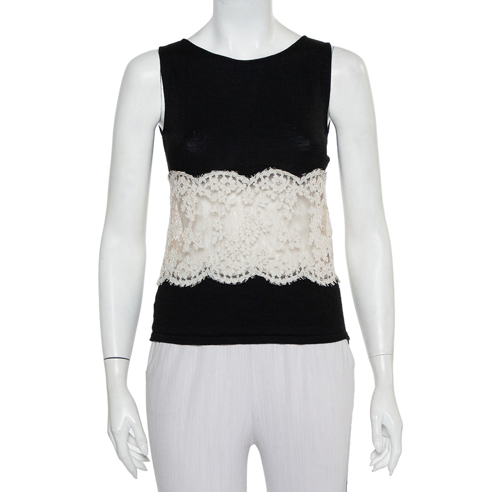 Pre-owned Valentino Black Wool & Cashmere Lace Trim Tank Top L