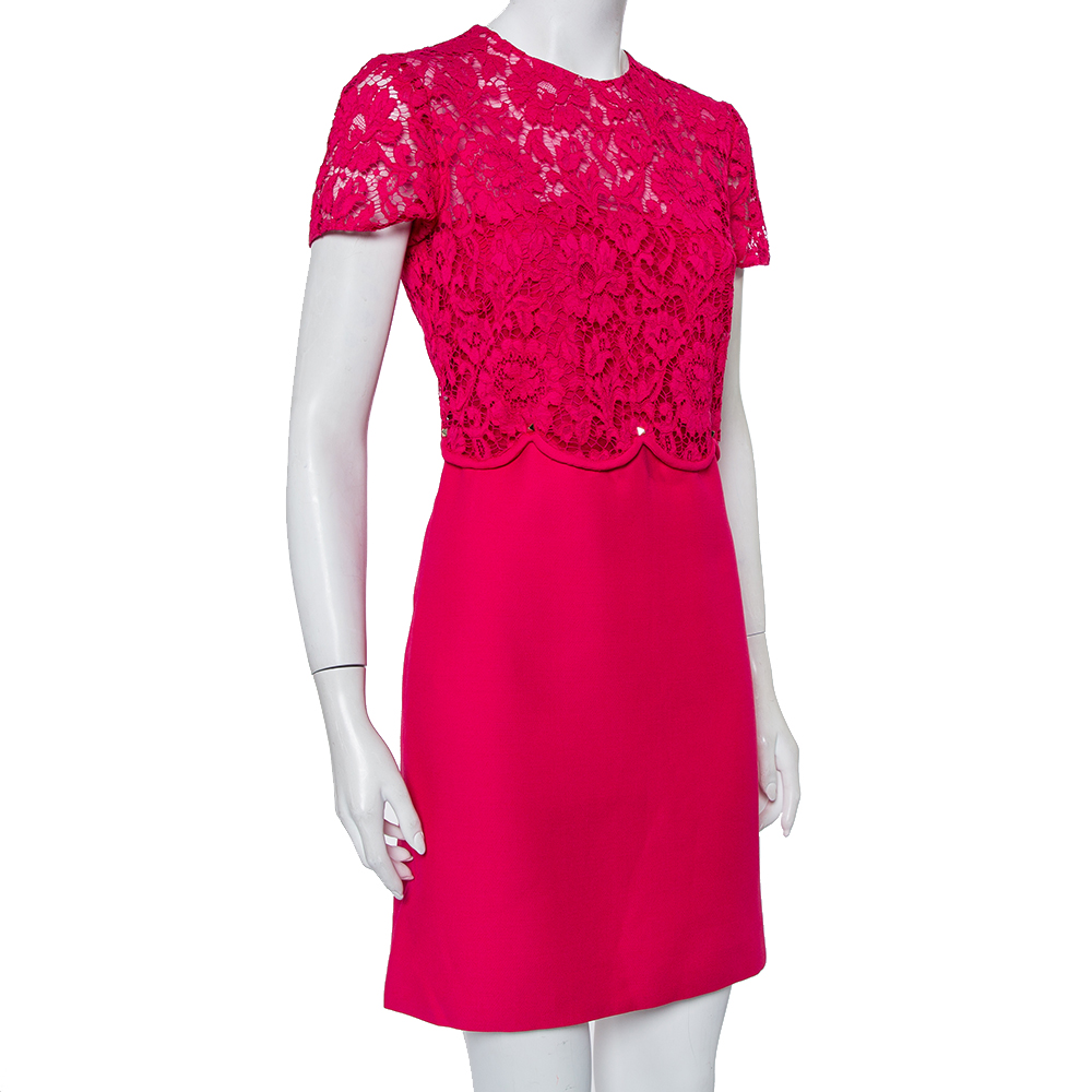 

Valentino Pink Wool & Lace Paneled Scalloped Rockstud Waist Detail Mini Dress