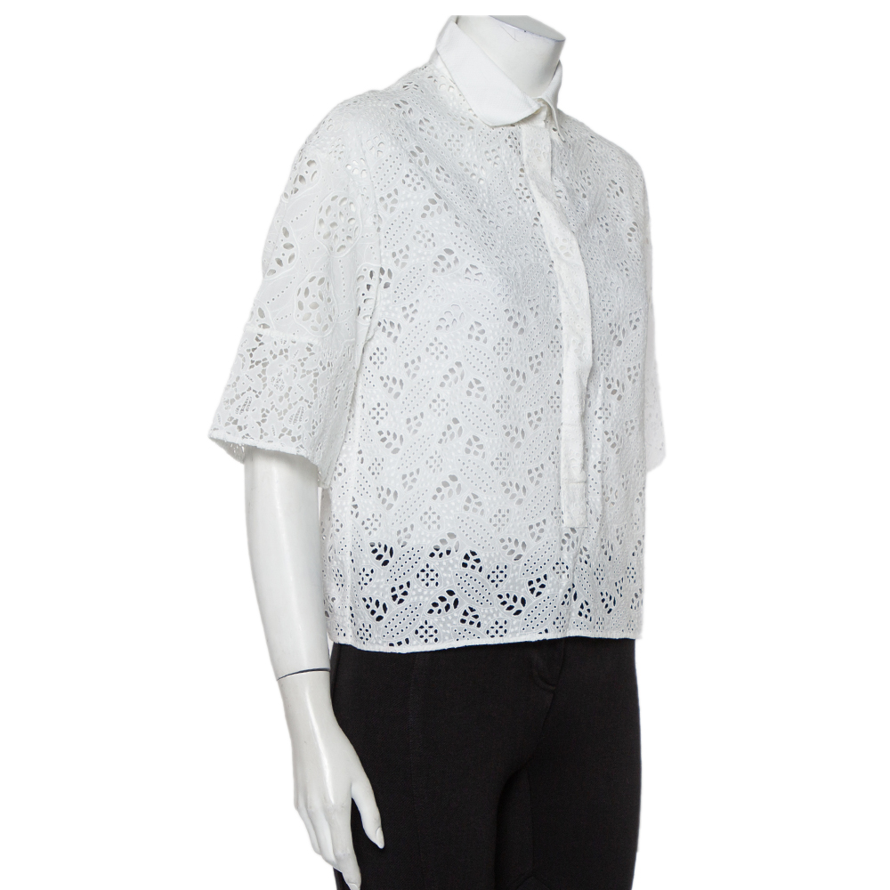 

Valentino White Eyelet Lace Collared Button Front Shirt