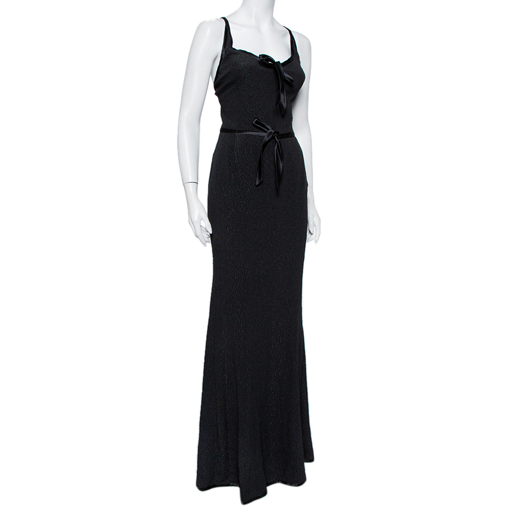 

Valentino Boutique Vintage Black Textured Silk & Satin Tie Detail Sleeveless Maxi Dress