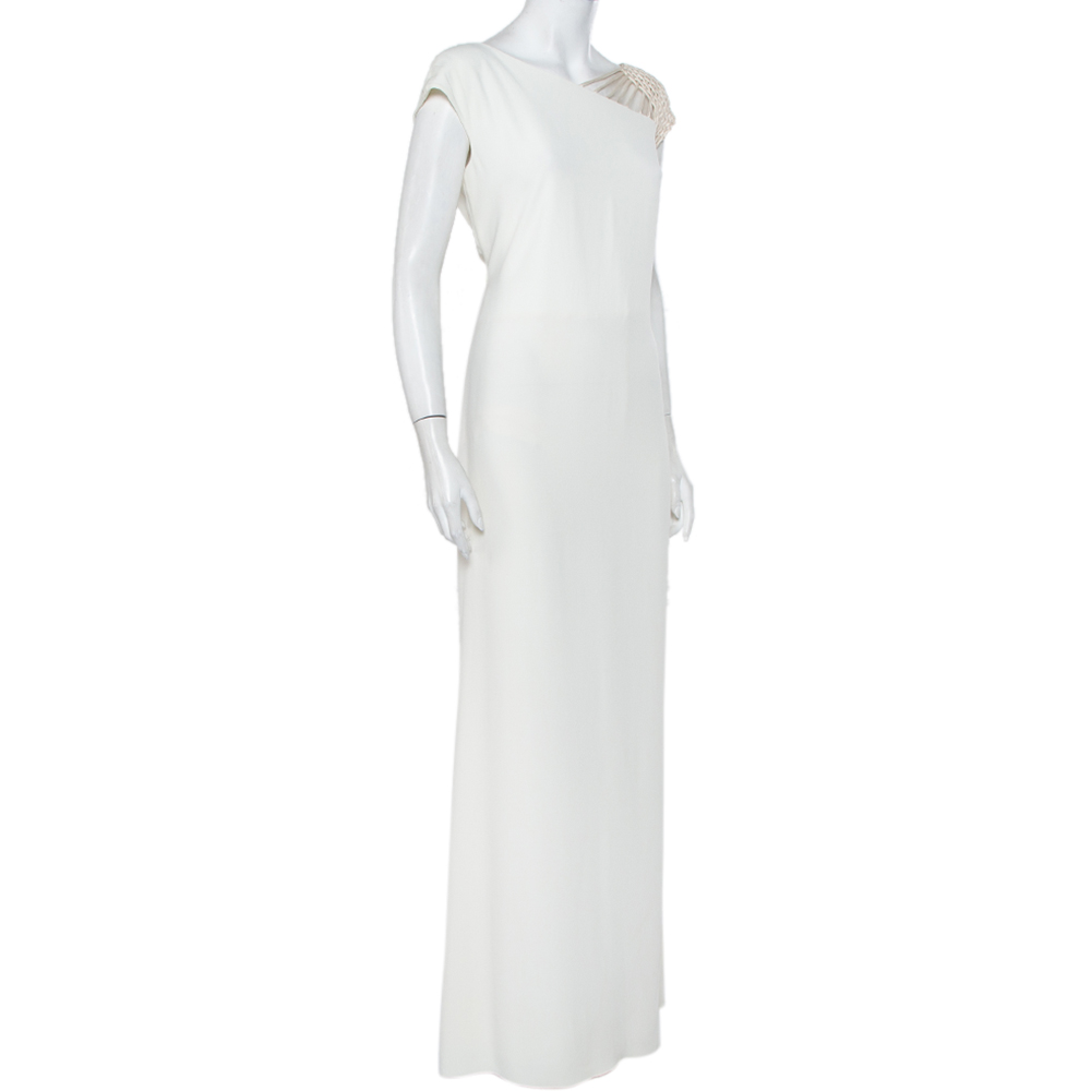 

Valentino Boutique Vintage White Crepe Mesh Sleeve Detail Maxi Dress