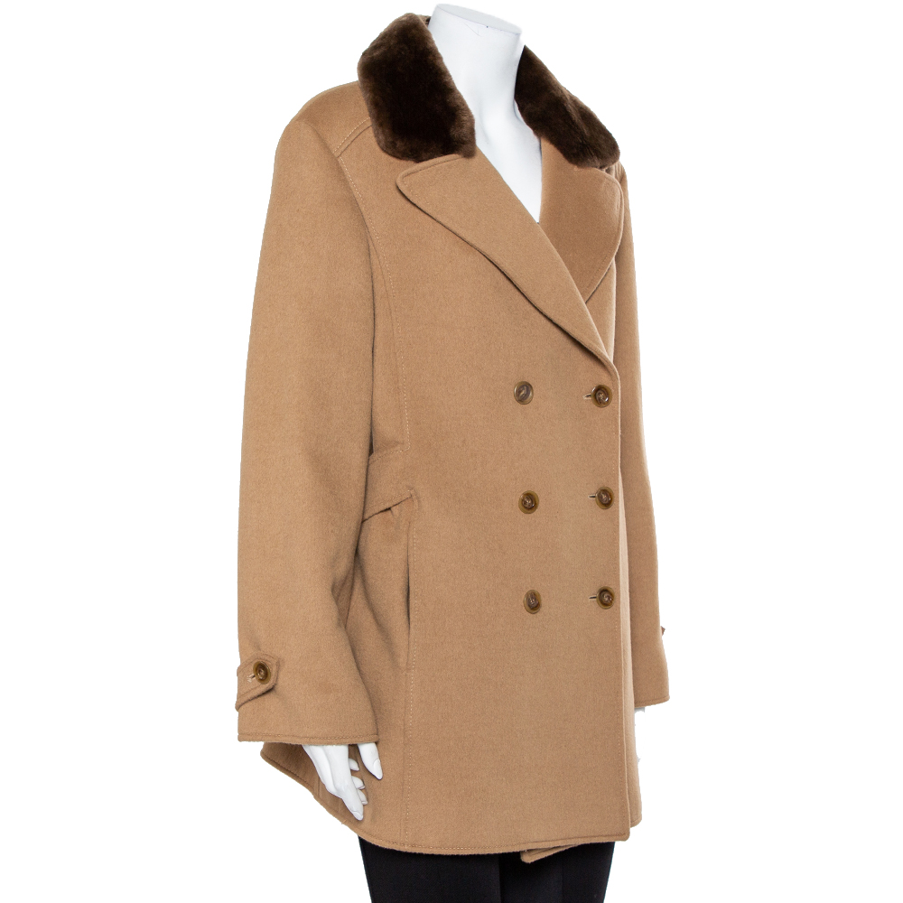 

Valentino Camel Brown Wool & Cashgora Fur Trim Belted Short Coat