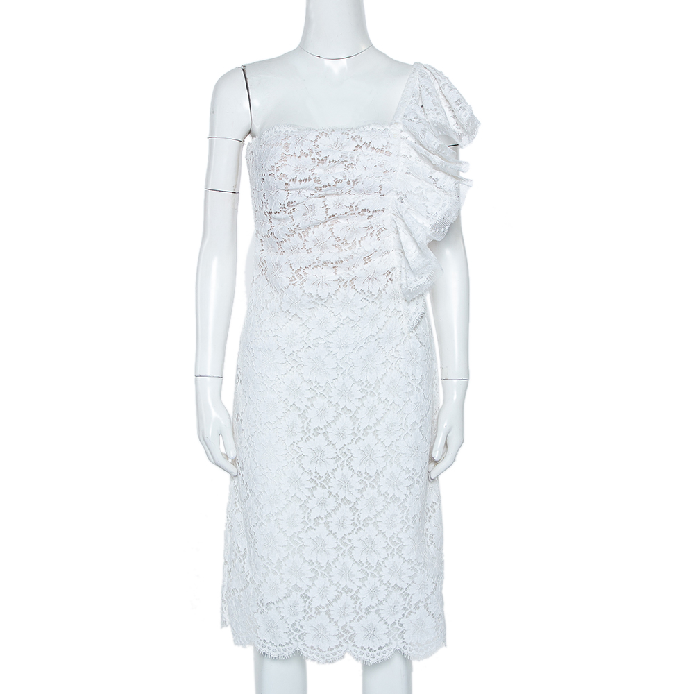 

Valentino White Lace Ruffle Detail One Shoulder Midi Dress