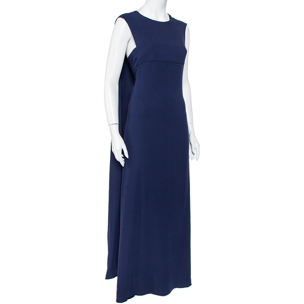

Valentino Navy Blue Silk Cape Detail Sleeveless Maxi Dress