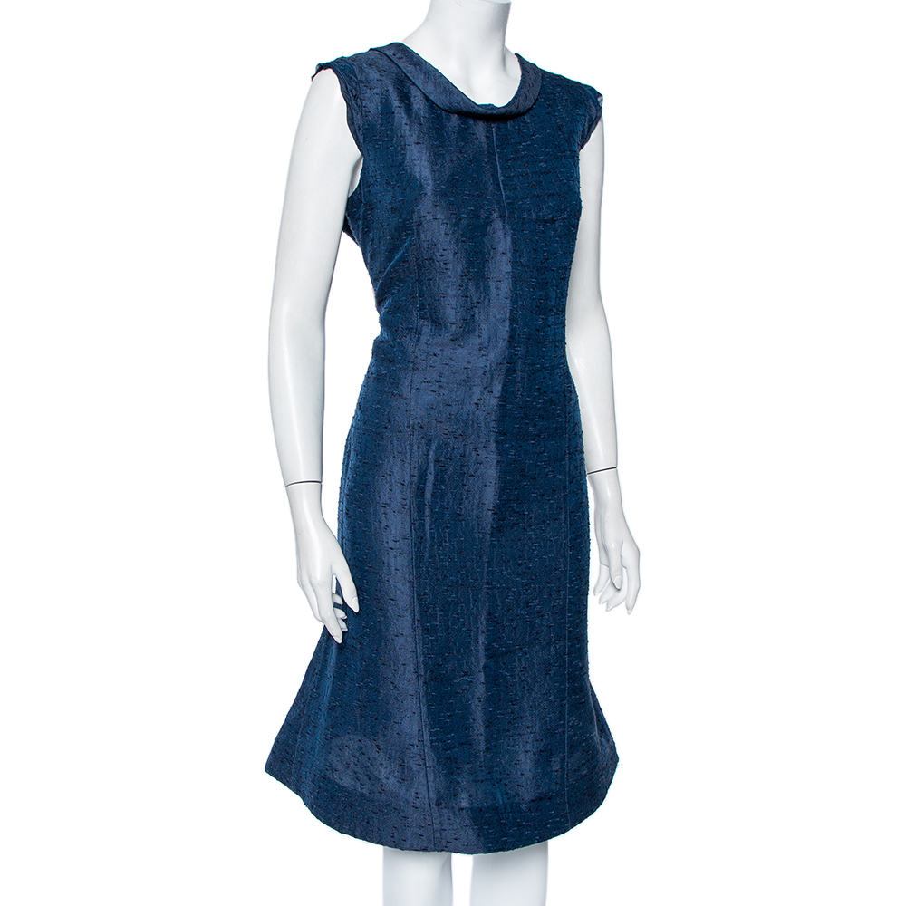 

Valentino Navy Blue Textured Jacquard Draped Neck Midi Dress