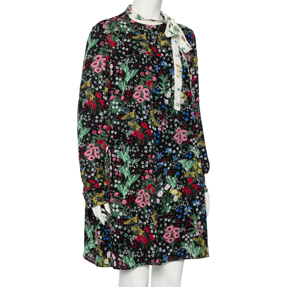 

Valentino Black Camu Garden Printed Silk Neck Tie Detail Mini Dress