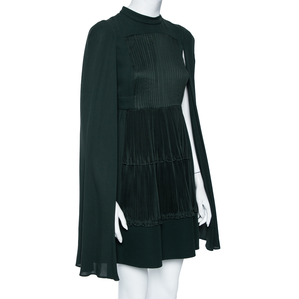 

Valentino Green Silk Pleated Detail Cape Detail Mini Dress