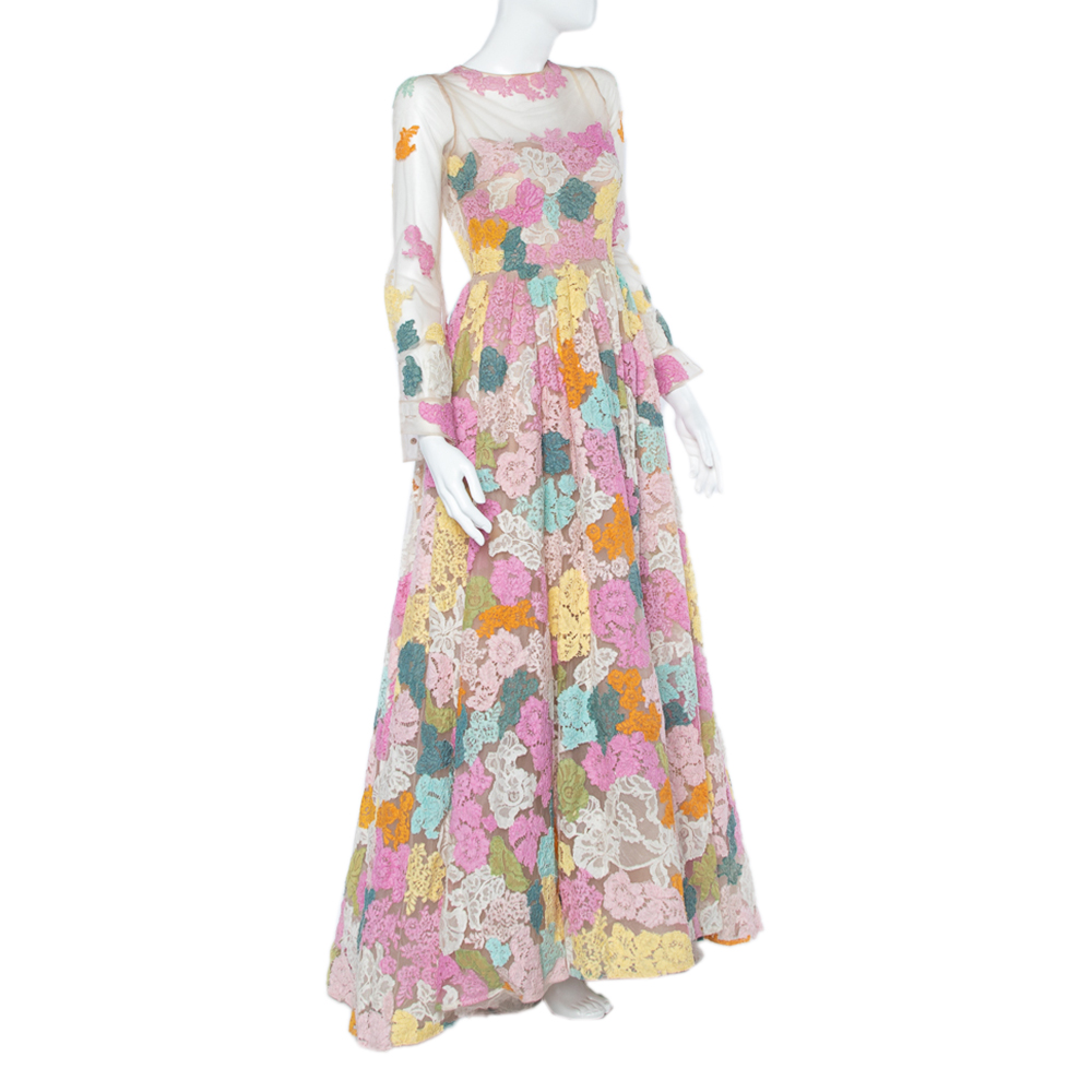 

Valentino Multicolor Floral Lace & Tulle Long Sleeve Gown
