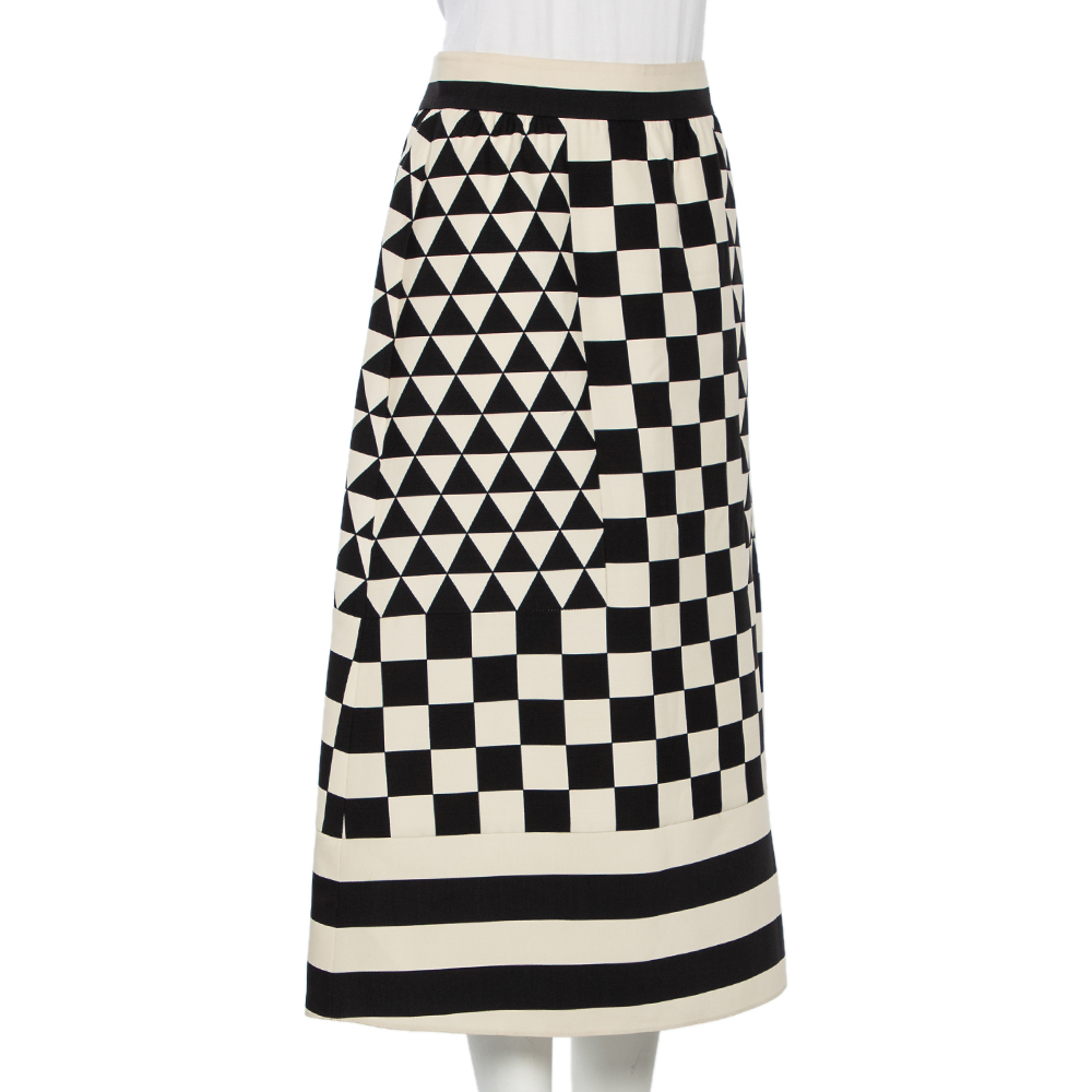 

Valentino Checkered Monochrome Wool Midi Skirt, Cream