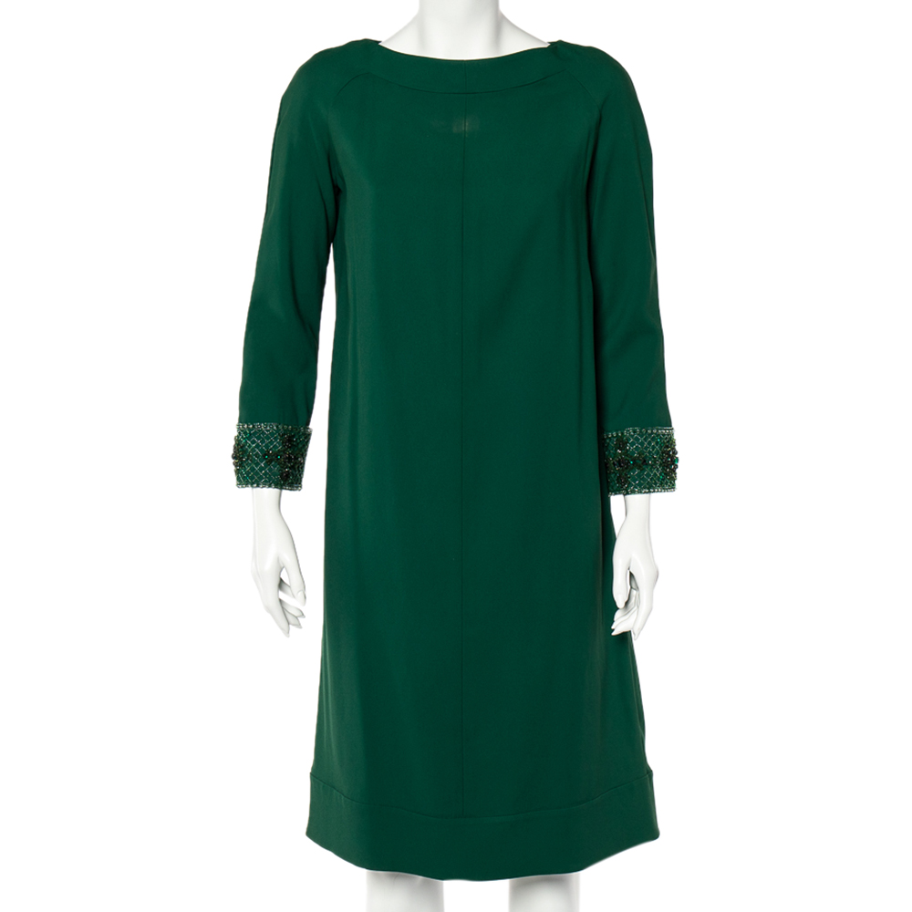 

Valentino Green Crepe Embellished Sleeve Cape Detail Shift Dress