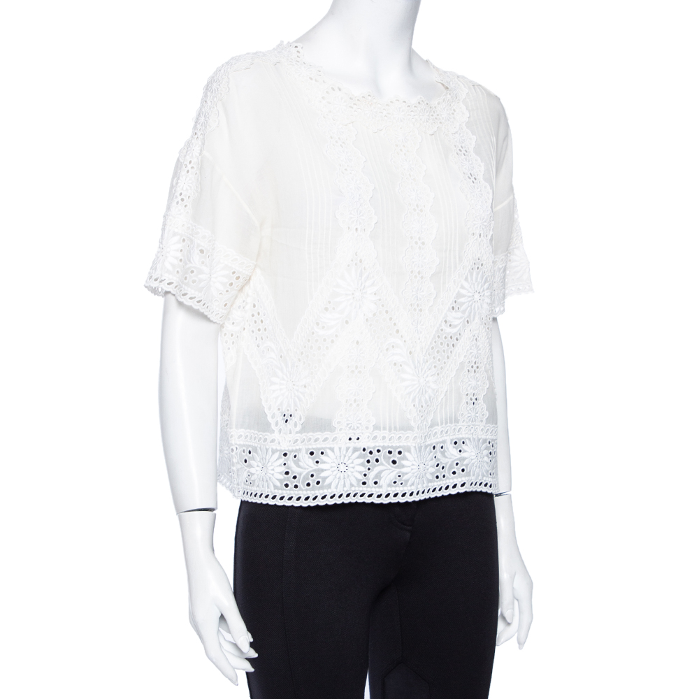 

Valentino White Floral Eyelet Embroidered Pintuck Detail Blouse