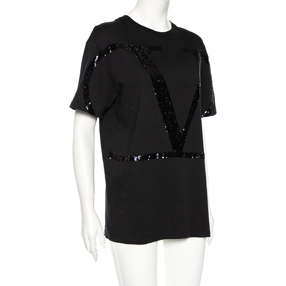 

Valentino Black Cotton VLogo Sequence Embellished T-Shirt
