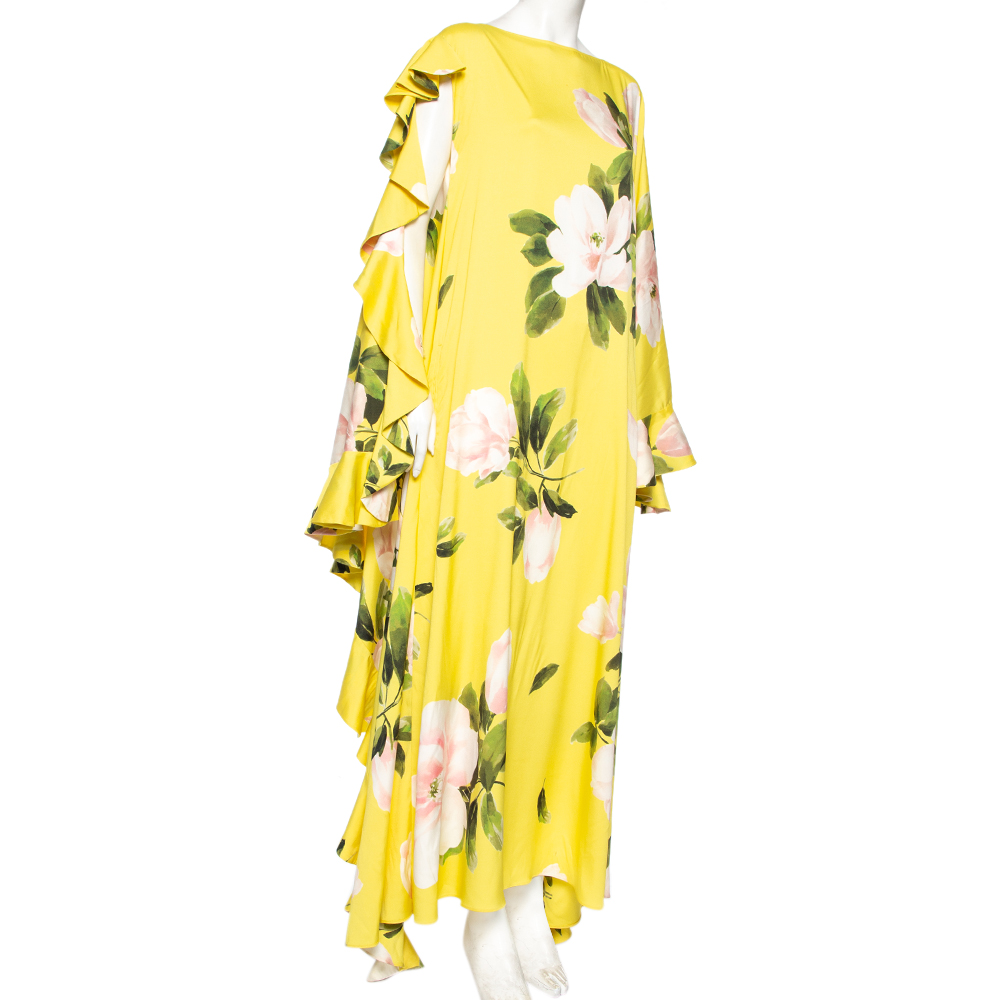 

Valentino Yellow Silk Peony Print Asymmetrical Ruffled Gown