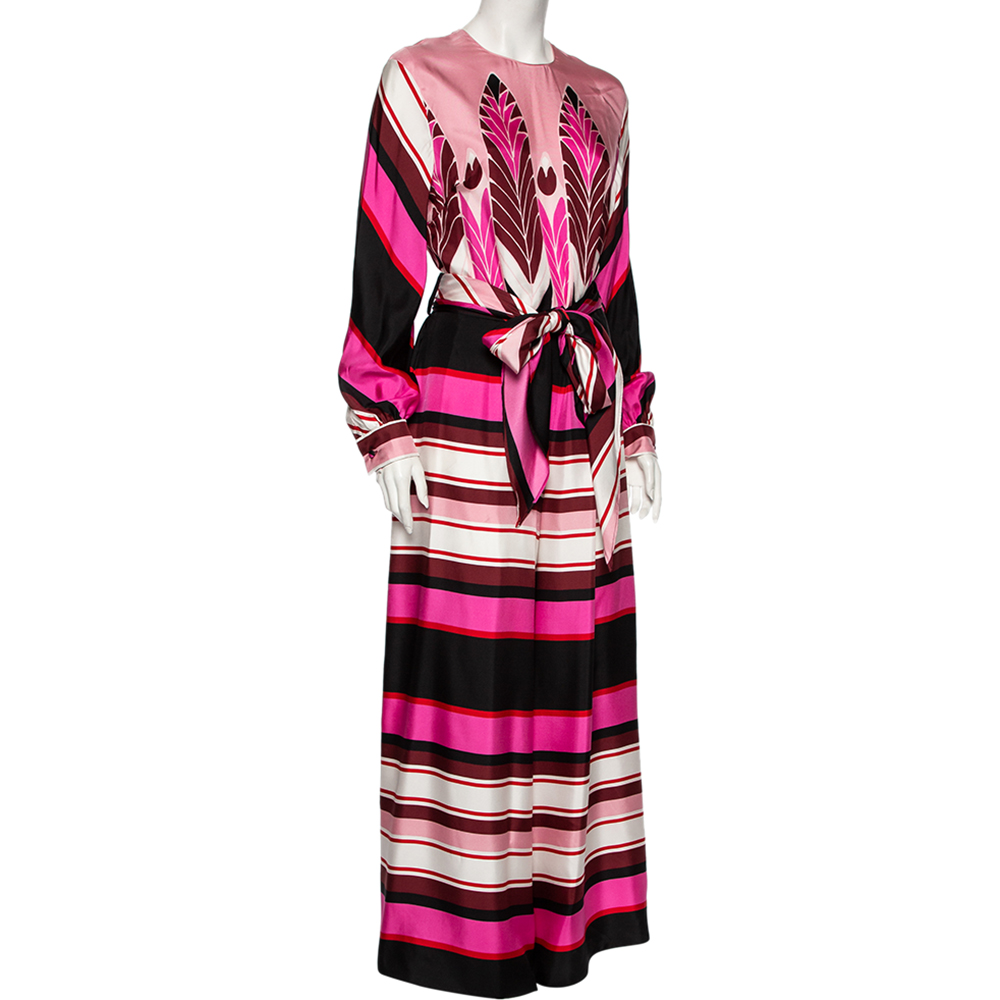 

Valentino Pink Pop Feathers Baiadera Print Silk Belted Long Sleeve Jumpsuit