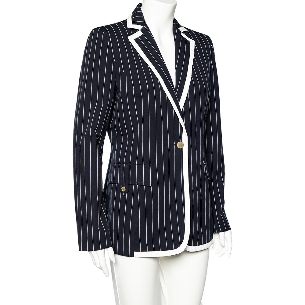 

Valentino Midnight Blue Striped Cotton Button Front Blazer, Navy blue