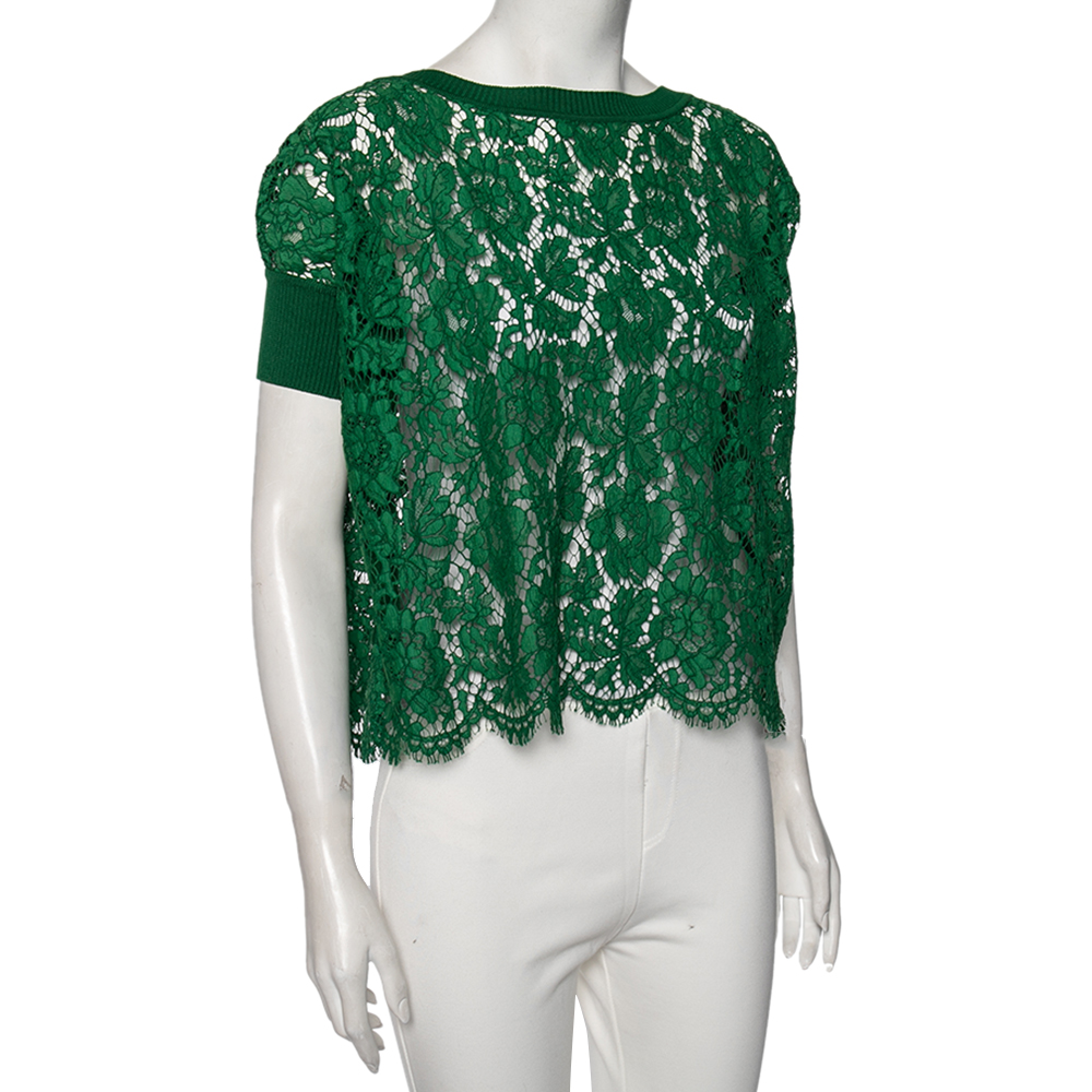 

Valentino Green Lace And Knit Trim Oversized Top