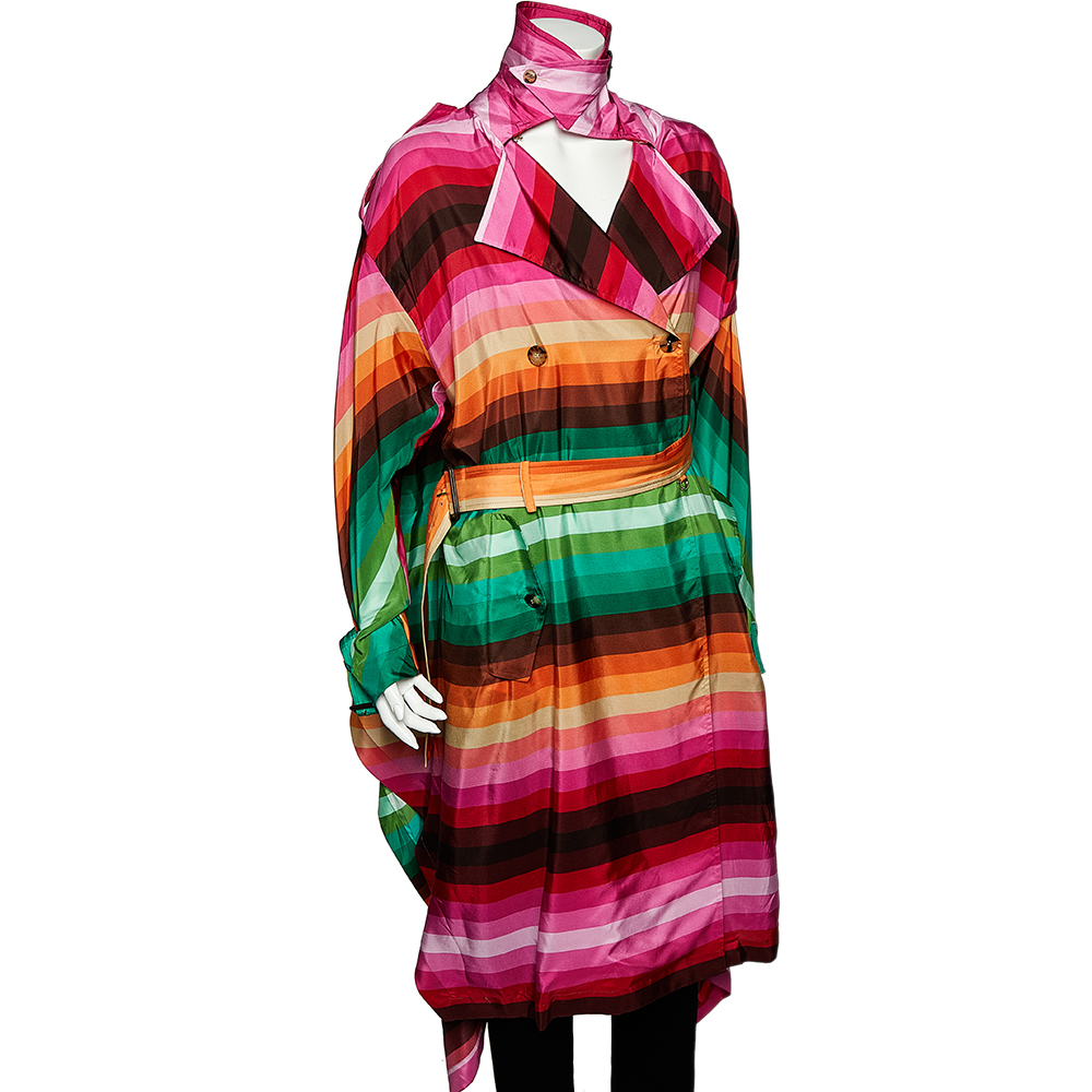 

Valentino Multicolor Rainbow Striped Silk Asymmetrical Hem Cape Detail Trench Coat