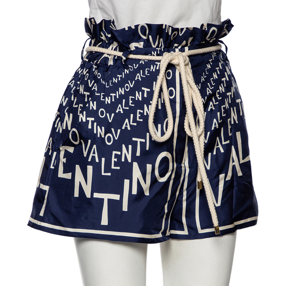 

Valentino Blue Logo Print Silk Twill Rope Belted High Waist Shorts