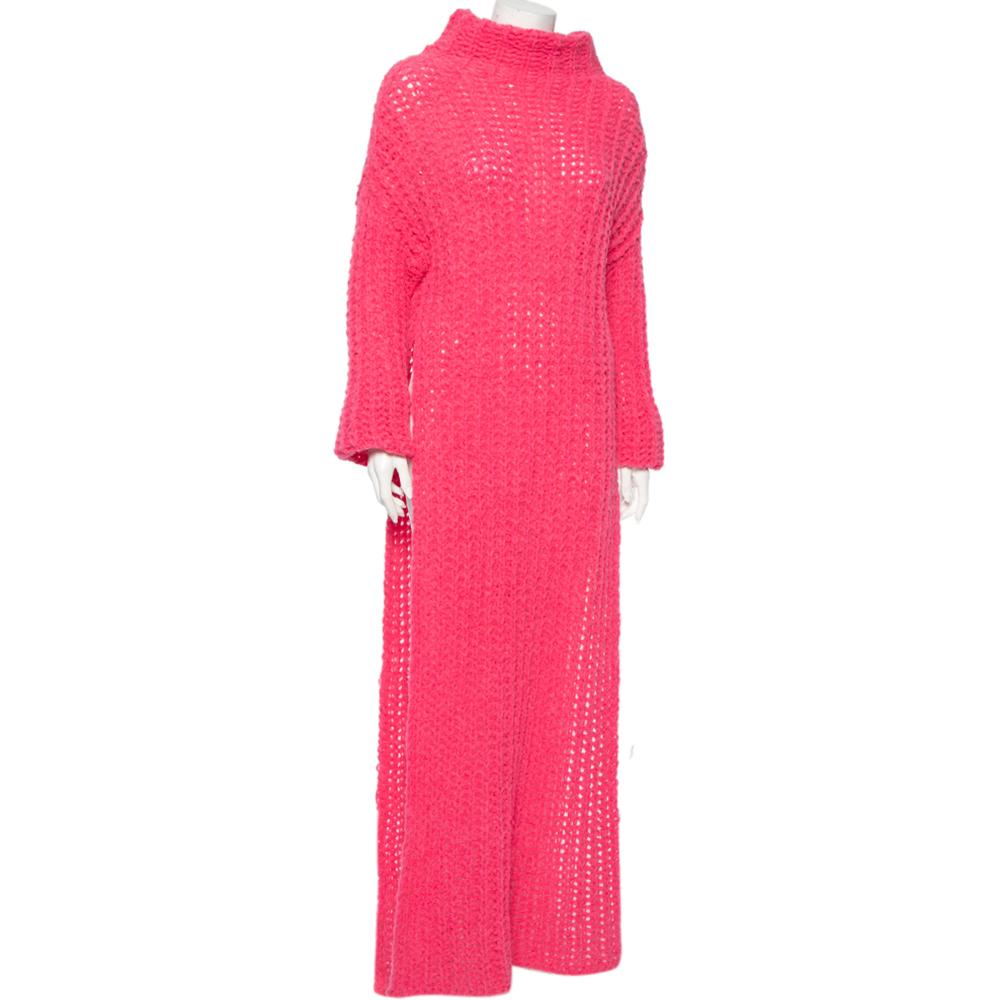 

Valentino Pink Alpaca Cable Knit Turtle Neck Side-Open Maxi Dress