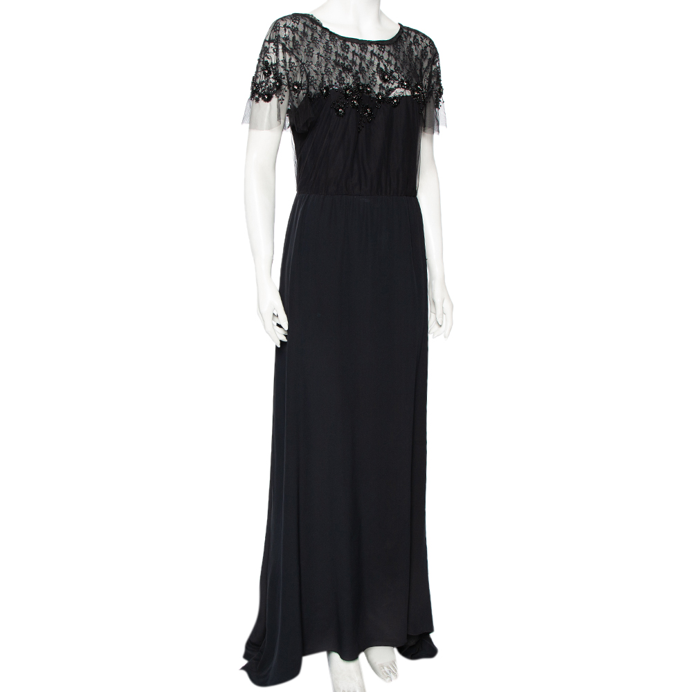

Valentino Black Silk Embellished Lace Trim Maxi Dress