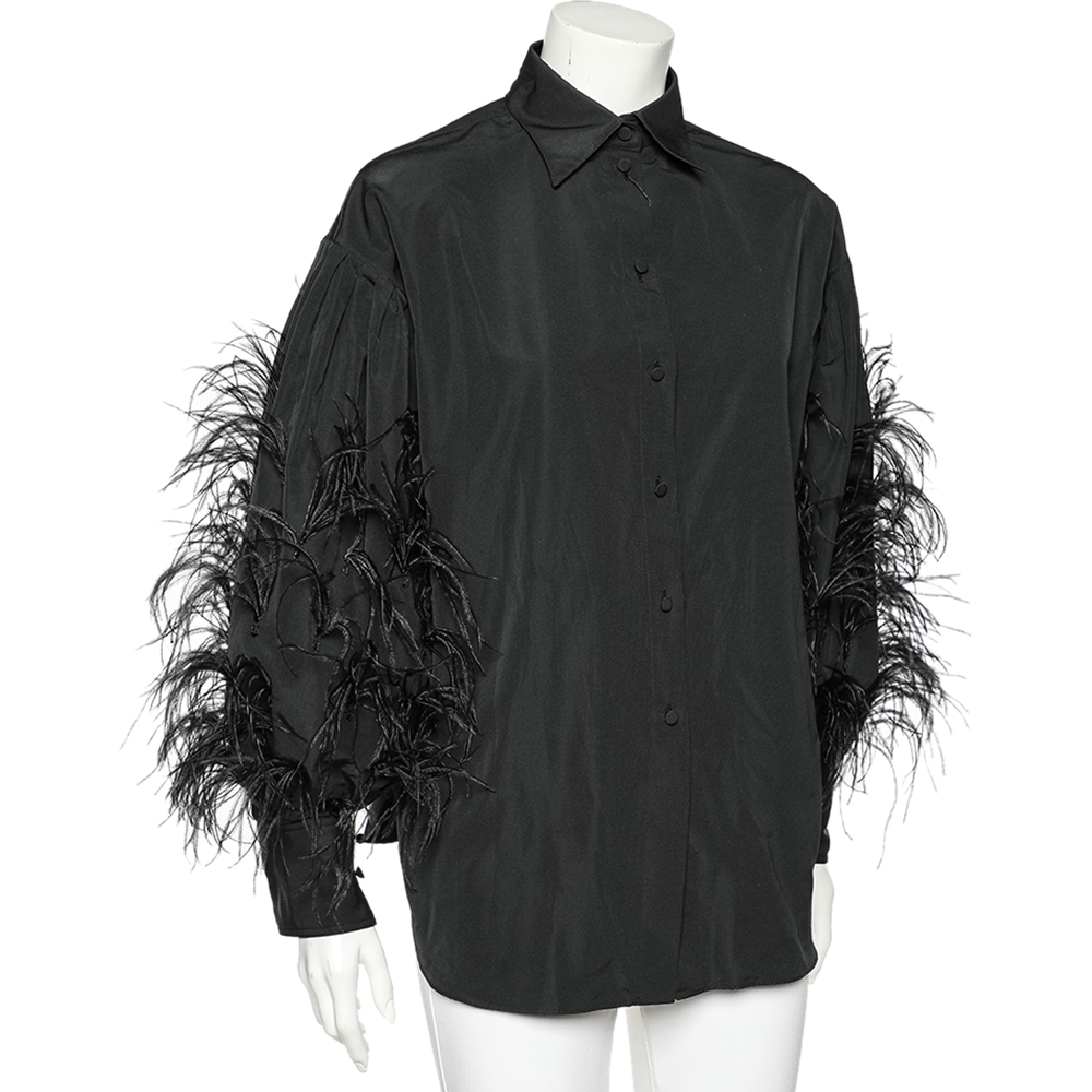 

Valentino Black Cotton & Ostrich Feather Detailed Button Front Shirt