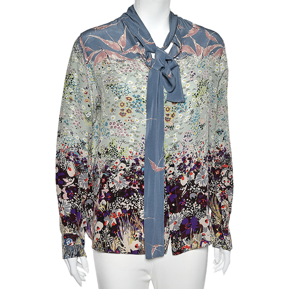 

Valentino Multicolored Printed Silk Neck Tie Detail Button Front Blouse, Multicolor