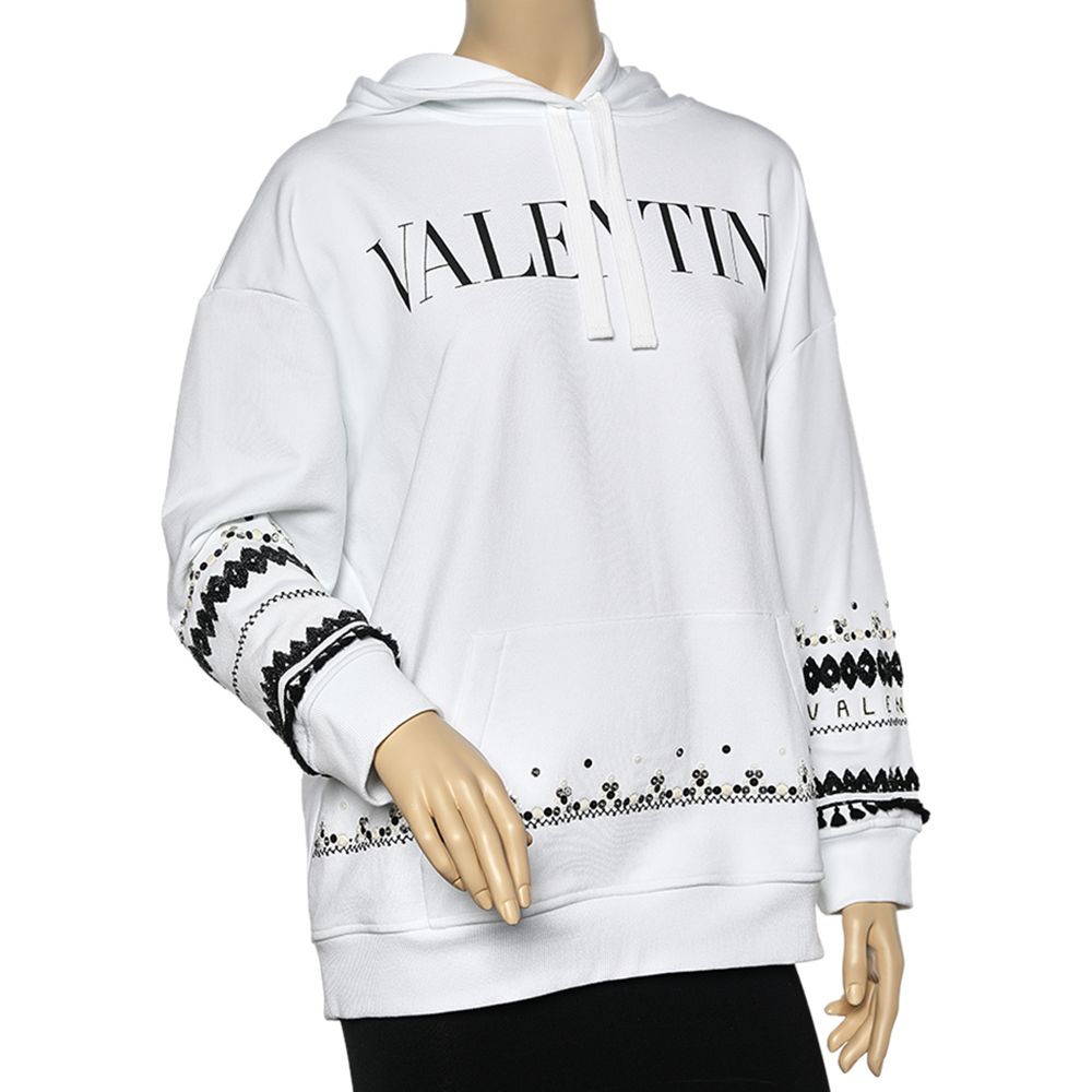 

Valentino White Cotton Rib Knit Embellished Hoodie