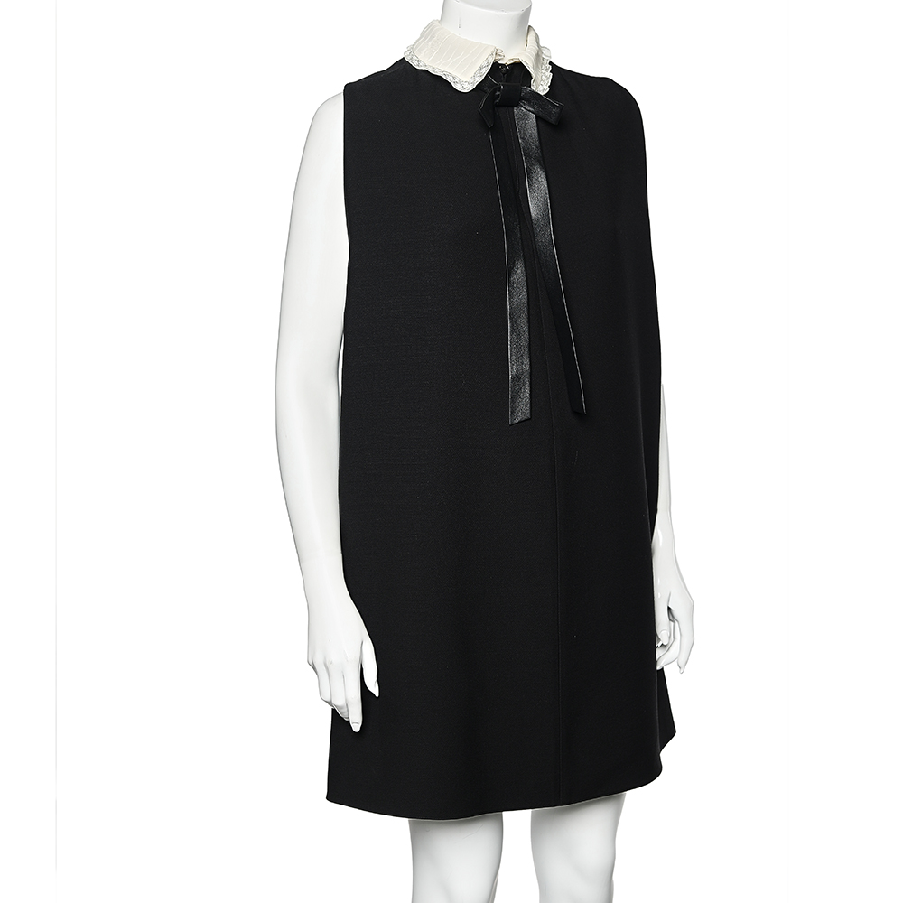 

Valentino Black Crepe Contrast Collar & Neck Tie Detail Shift Dress