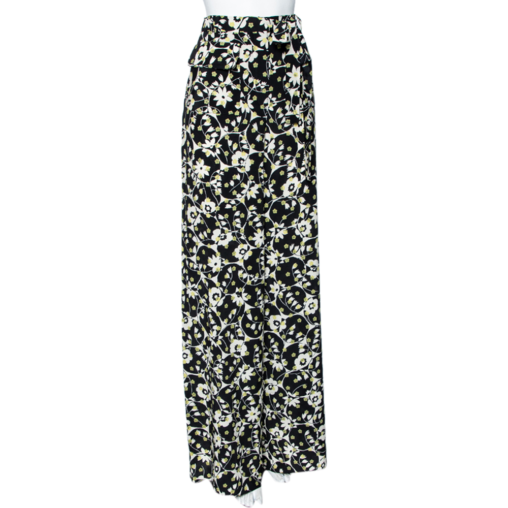 

Valentino Black Floral Printed Silk Waist Tie Detail Wide Leg Trousers