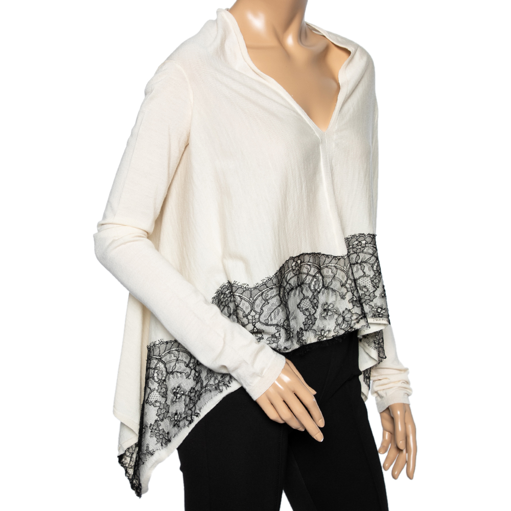 

Valentino Cream Wool & Lace Trimmed Draped Oversized Top